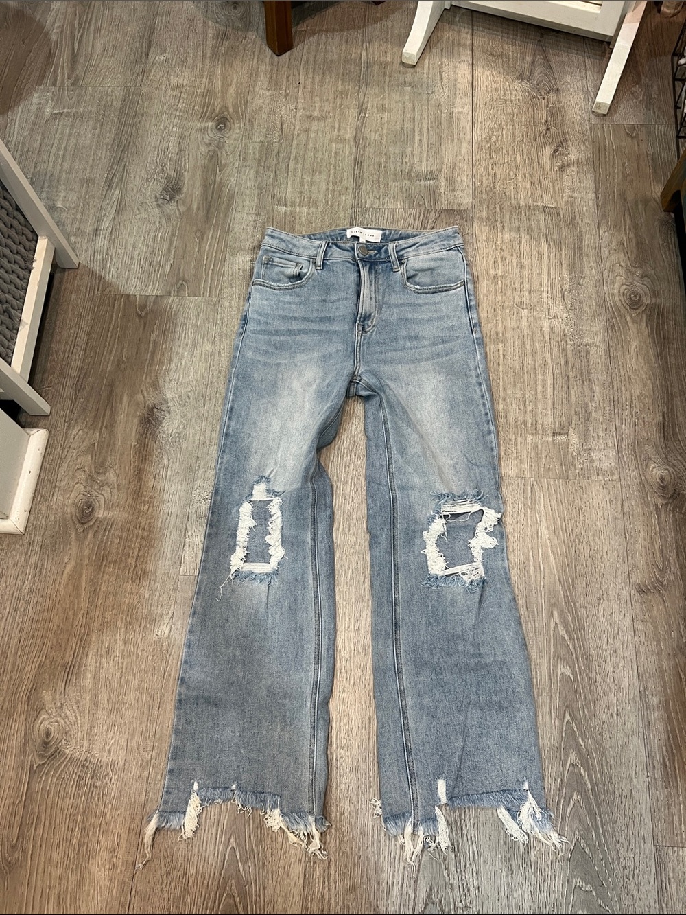 Light Blue Distressed Flare Jeans with Frayed Hem 5/27
